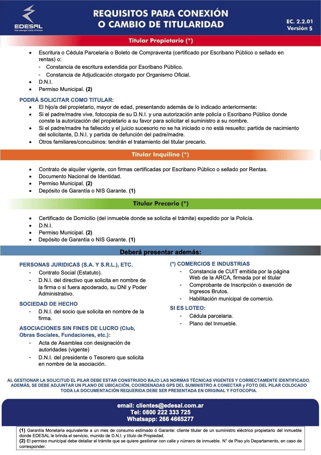 Hoja oficial de EDESAL con los requisitos para conexión o cambio de titularidad según se trate de propietario, inquilino, titular precario o persona jurídica.