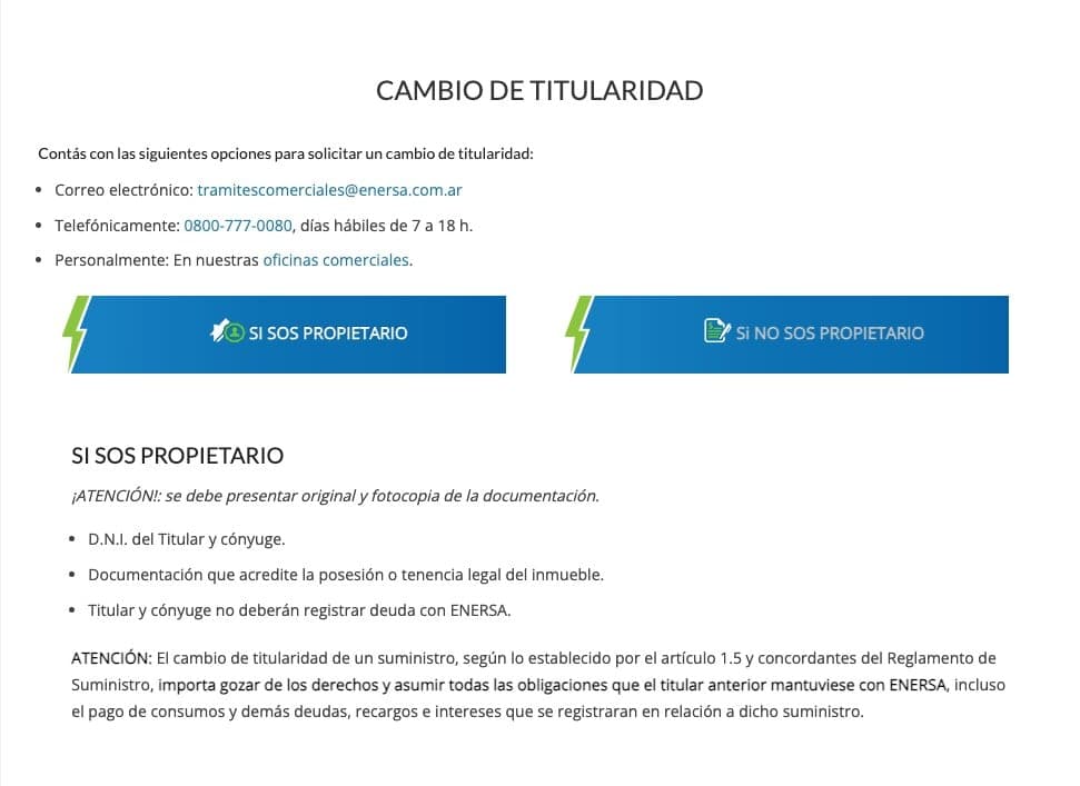Sección de ENERSA sobre el cambio de titularidad con los canales para pedirlo, los requisitos para propietarios y la advertencia sobre las deudas del suministro.
