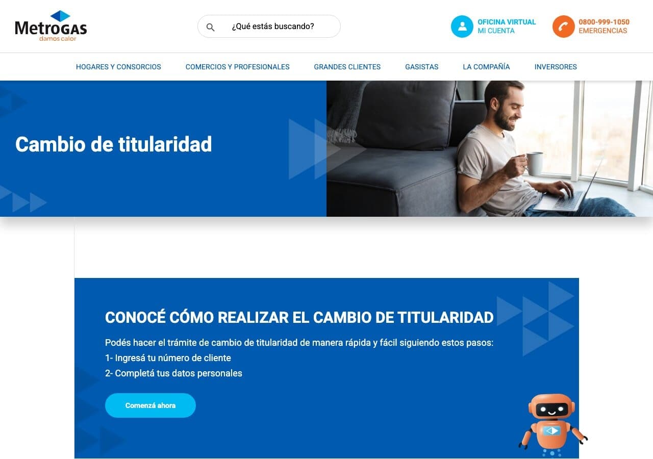 Página oficial de MetroGAS con la opción para iniciar el cambio de titularidad de un hogar