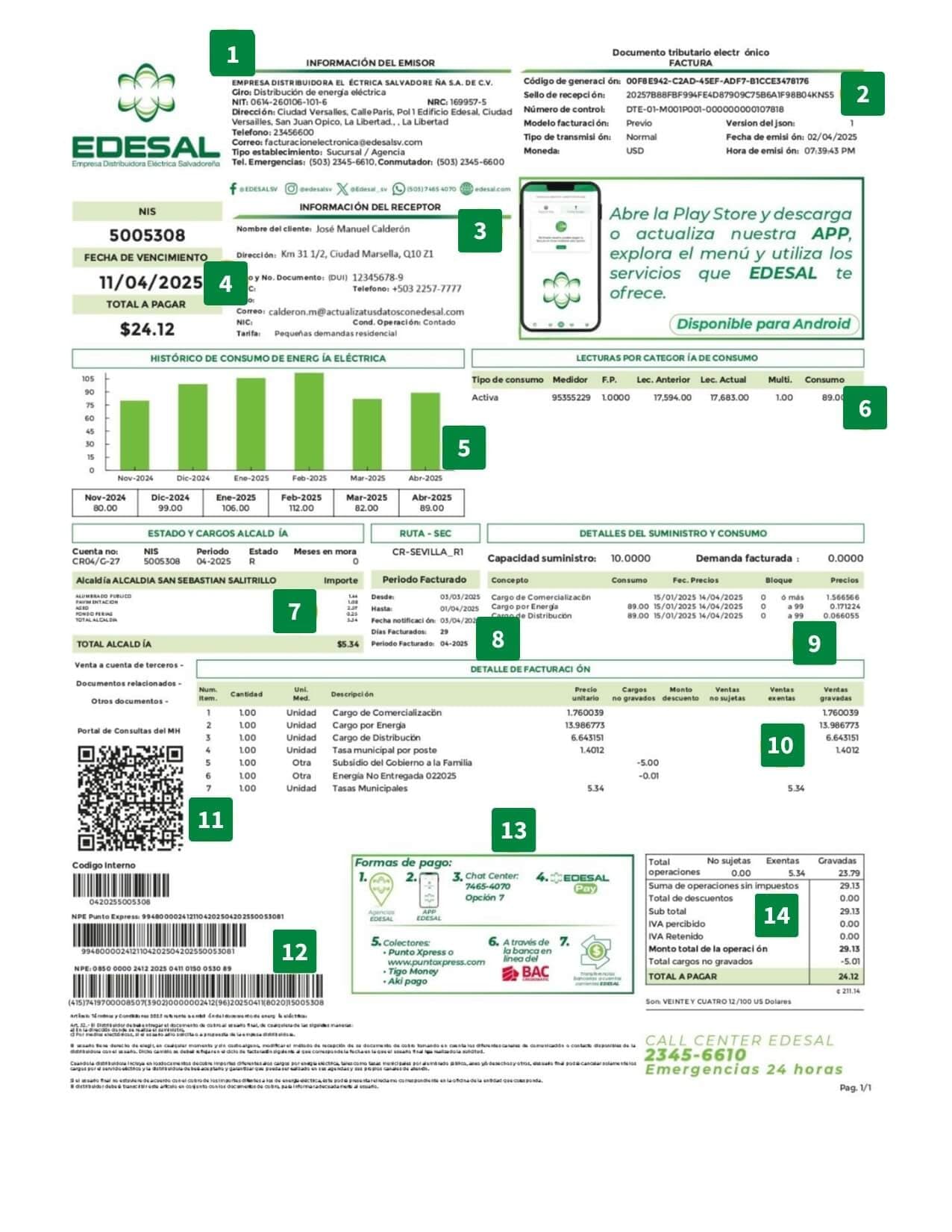 Factura EDESAL de ejemplo con NIS, vencimiento, consumo y cargos señalados