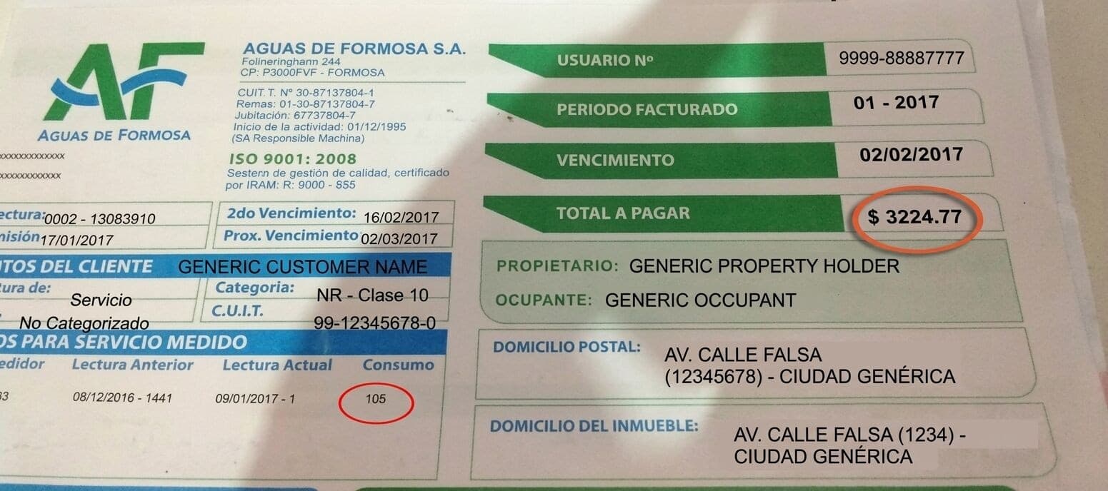 Factura de Aguas de Formosa de ejemplo con número de usuario, período, vencimientos, consumo y total a pagar