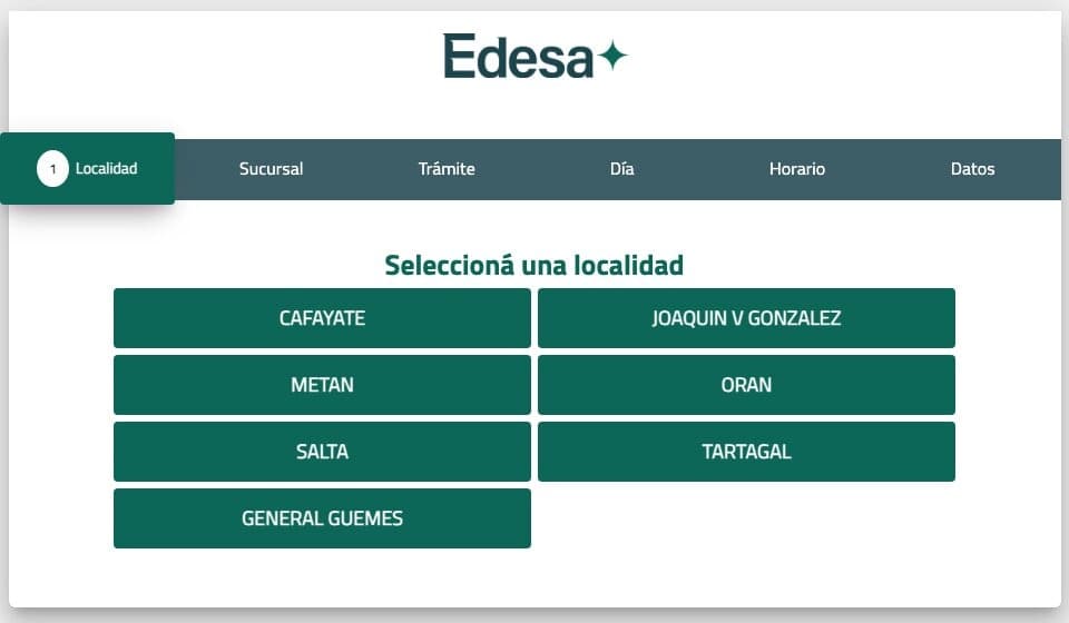 Pantalla pública de Turnos EDESA con los pasos para elegir localidad, sucursal, trámite y horario, sin datos personales ingresados.
