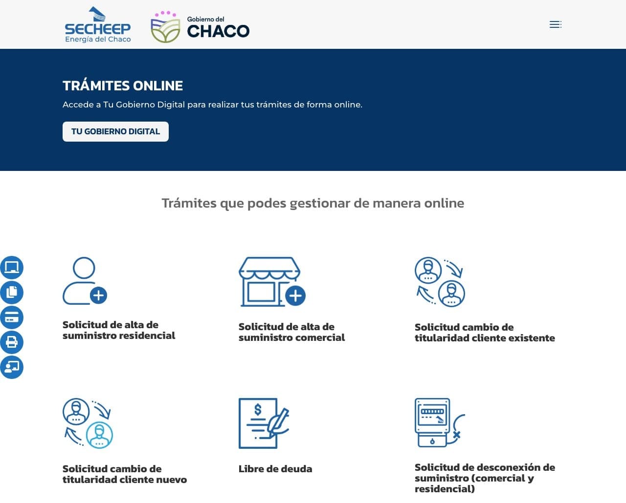 Página oficial de SECHEEP con las solicitudes de cambio de titularidad para cliente existente y cliente nuevo.