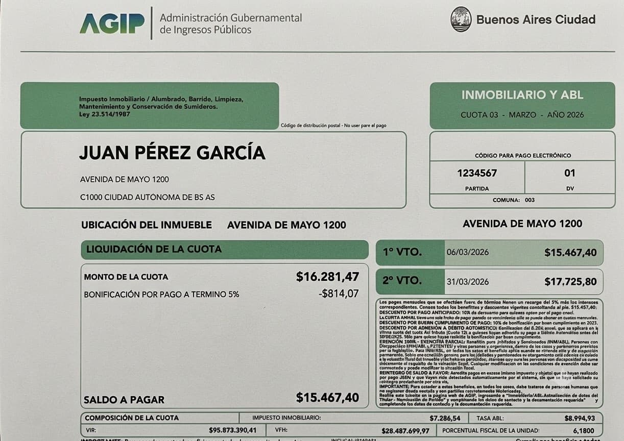 Boleta mensual de Inmobiliario y ABL de AGIP con la partida, la cuota, los dos vencimientos, la bonificación y el saldo a pagar señalados