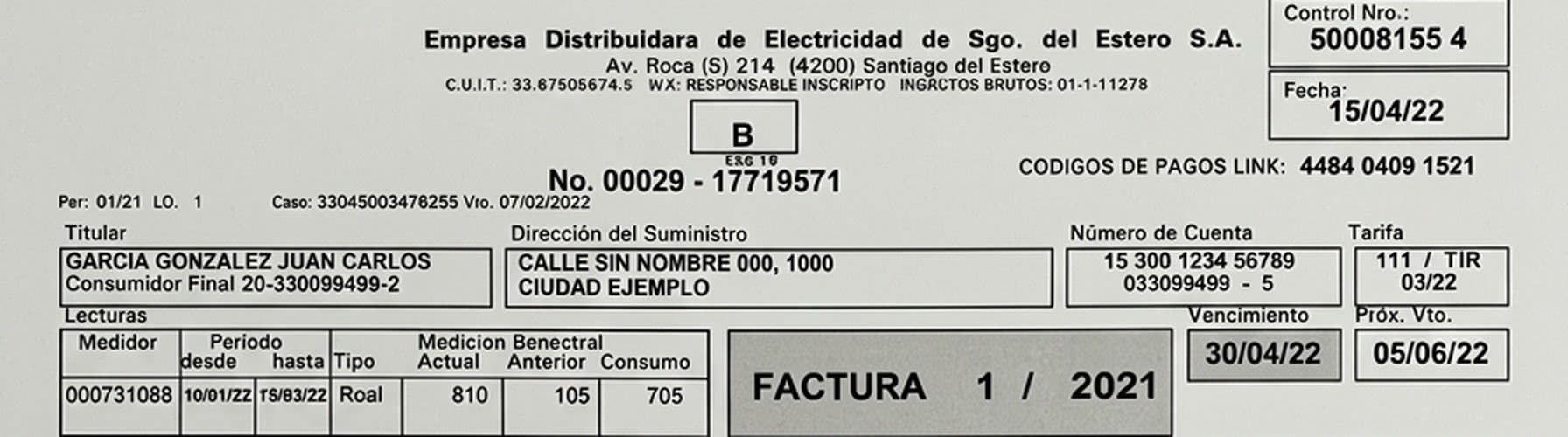 Detalle del encabezado de una factura de EDESE, con los códigos de pagos Link de doce dígitos sobre el margen derecho, junto al número de control, el número de cuenta y las fechas de vencimiento