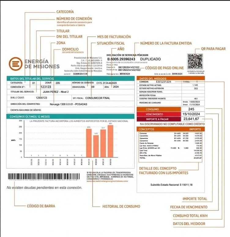 Esquema de la factura de EMSA con cada bloque señalado: categoría, número de conexión, titular, domicilio, datos del medidor, consumo, vencimiento, importe a pagar y detalle de conceptos
