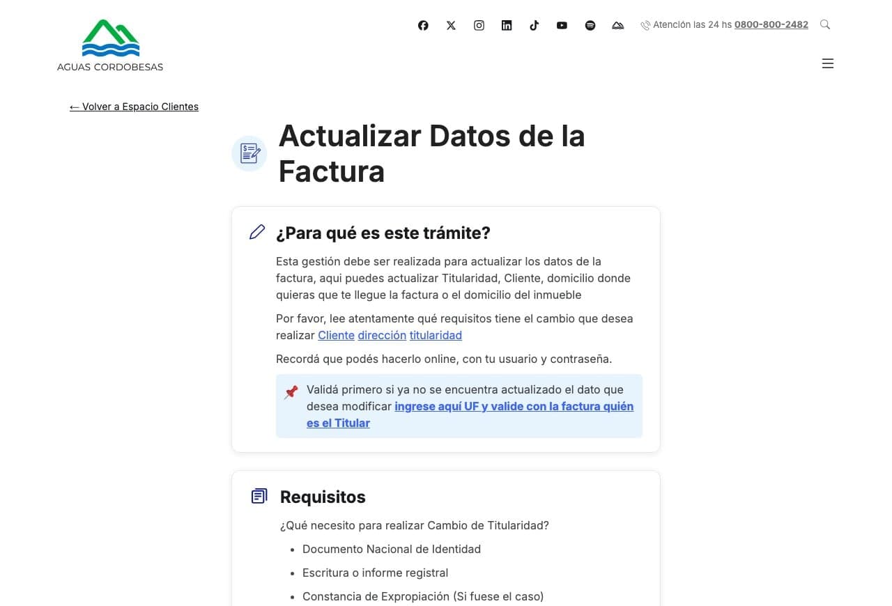 Página de Aguas Cordobesas con los requisitos separados para actualizar titularidad o cliente.