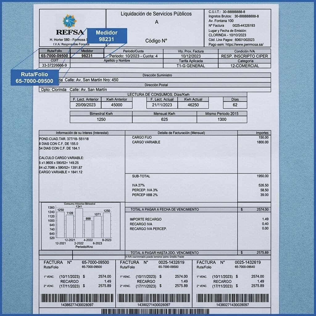 Factura de REFSA de ejemplo con Ruta/Folio, medidor, consumo, cargos, vencimientos y total a pagar