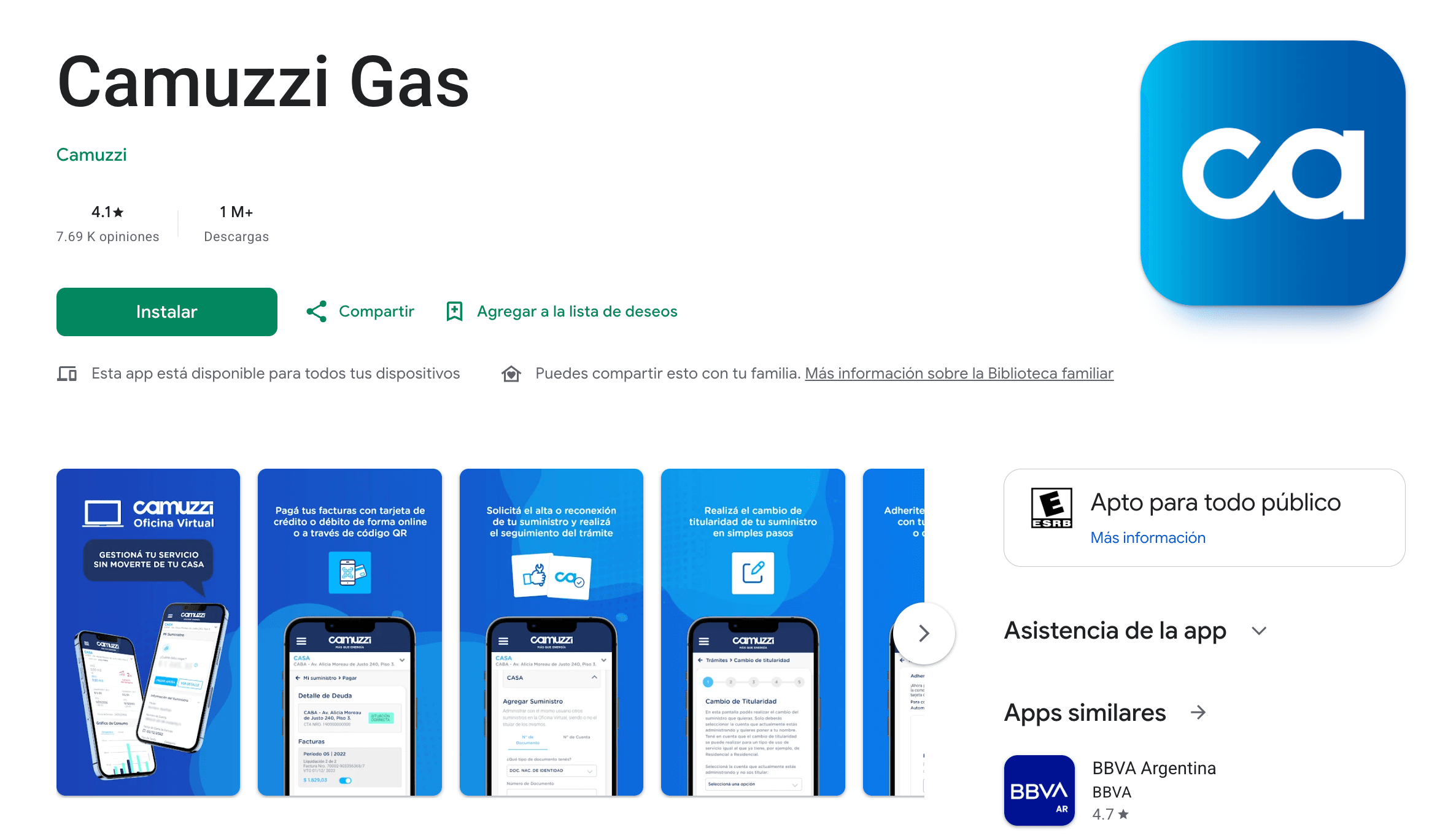 La app de Camuzzi Gas en Google Play