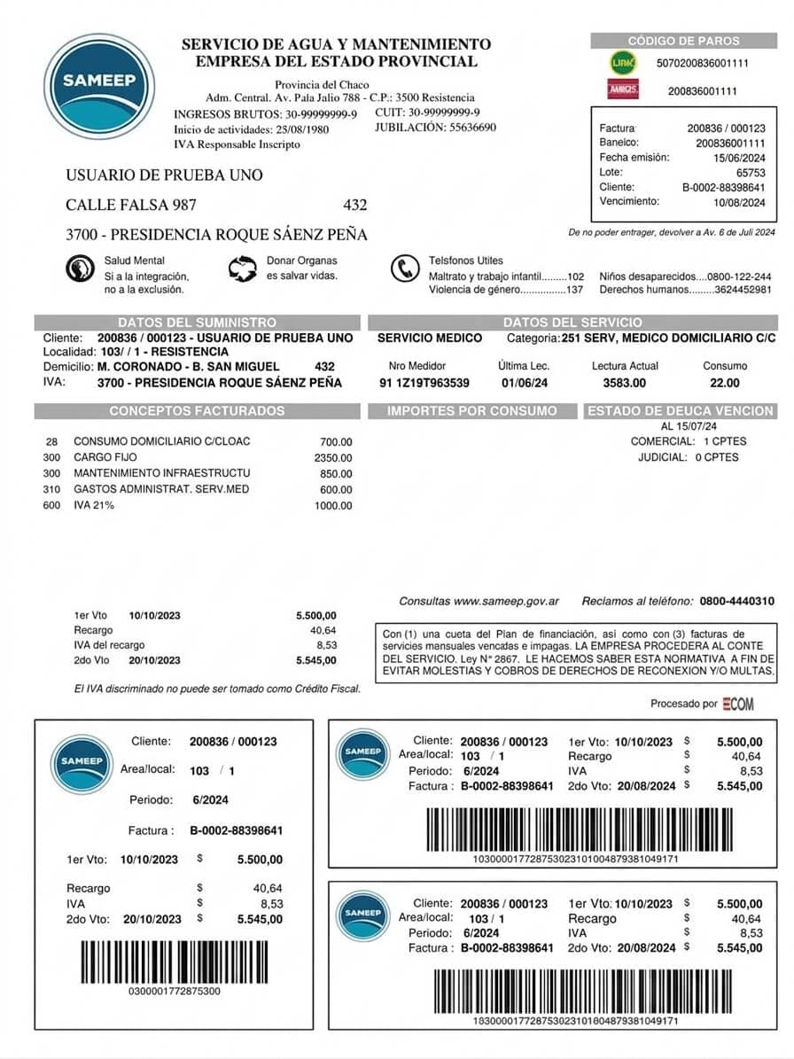 Factura de SAMEEP de ejemplo, con el encabezado y los códigos de pago, los datos del suministro y del servicio, los conceptos facturados, el estado de deuda y los tres talones con sus dos vencimientos