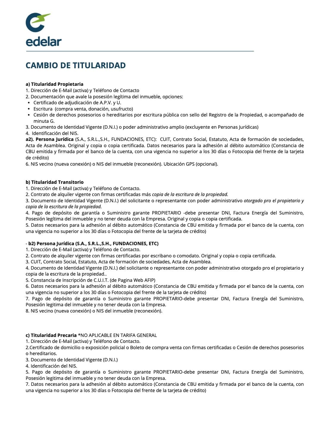 Hoja oficial de EDELAR con los requisitos del cambio de titularidad propietaria, transitoria y precaria, para personas humanas y jurídicas.