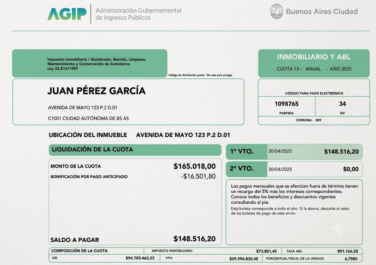 Boleta anual de Inmobiliario y ABL de AGIP, cuota 13, con la bonificación por pago anticipado y el saldo a pagar señalados