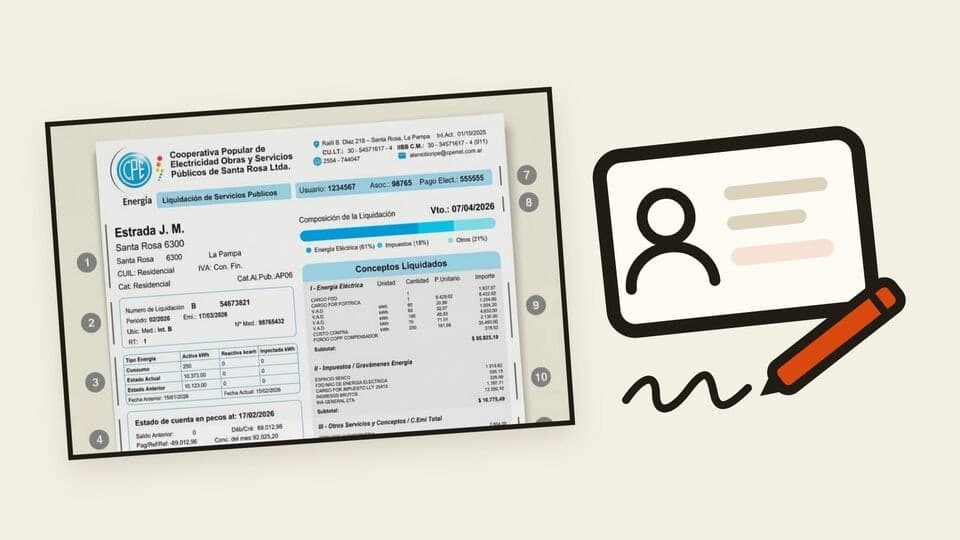 Vista previa de la guía de cambio de titularidad de CPE, con una factura de CPE, un DNI y una lapicera.