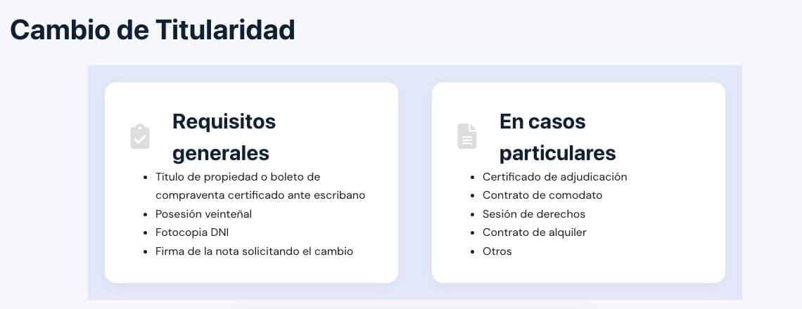 Página de SAMSA con los requisitos generales del cambio de titularidad y los documentos para casos particulares, como contrato de alquiler o comodato.