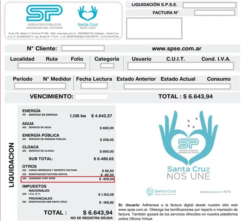 Factura de SPSE con los datos del cliente, el medidor, las lecturas, el consumo, los servicios y el total de la boleta