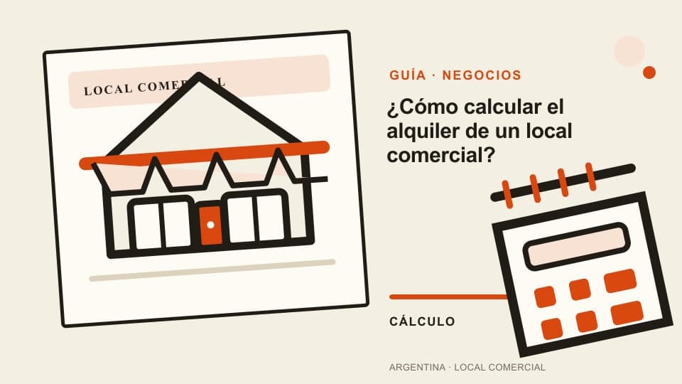 Vista previa de la guía sobre cómo calcular el alquiler de un local comercial, con un local ilustrado y una calculadora.