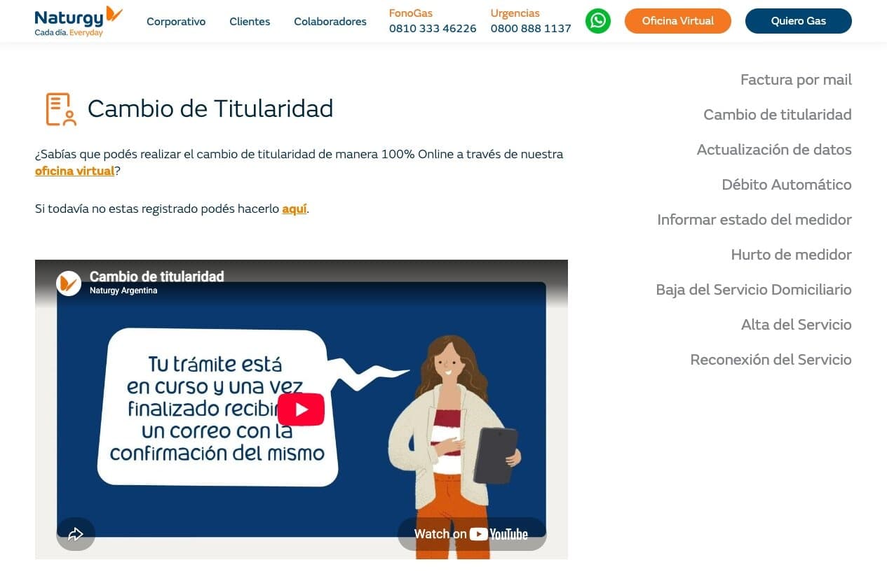 Sección de cambio de titularidad de Naturgy BAN con el acceso a la Oficina Virtual y los requisitos publicados.