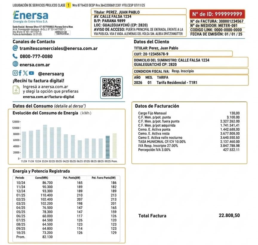 Factura de ENERSA de ejemplo con el número de ID en el encabezado, los datos del cliente, la tarifa, el gráfico de consumo bimestral y los datos de facturación