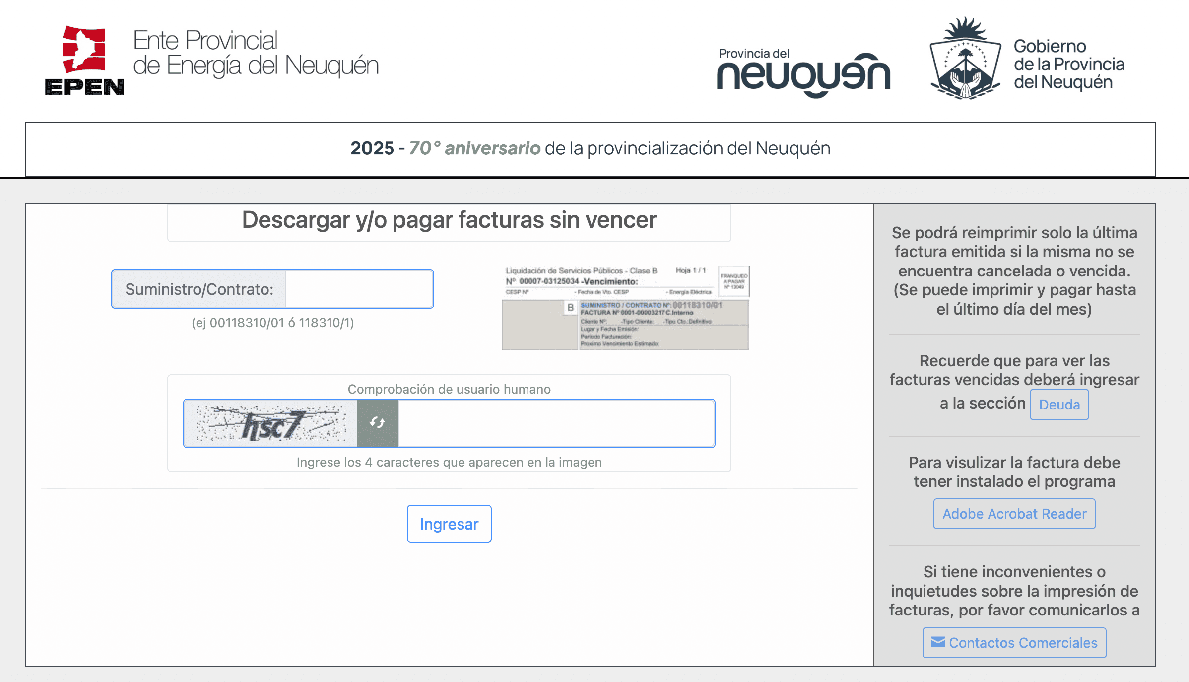 Pagar facturas sin vencer de la Oficina Virtual del EPEN