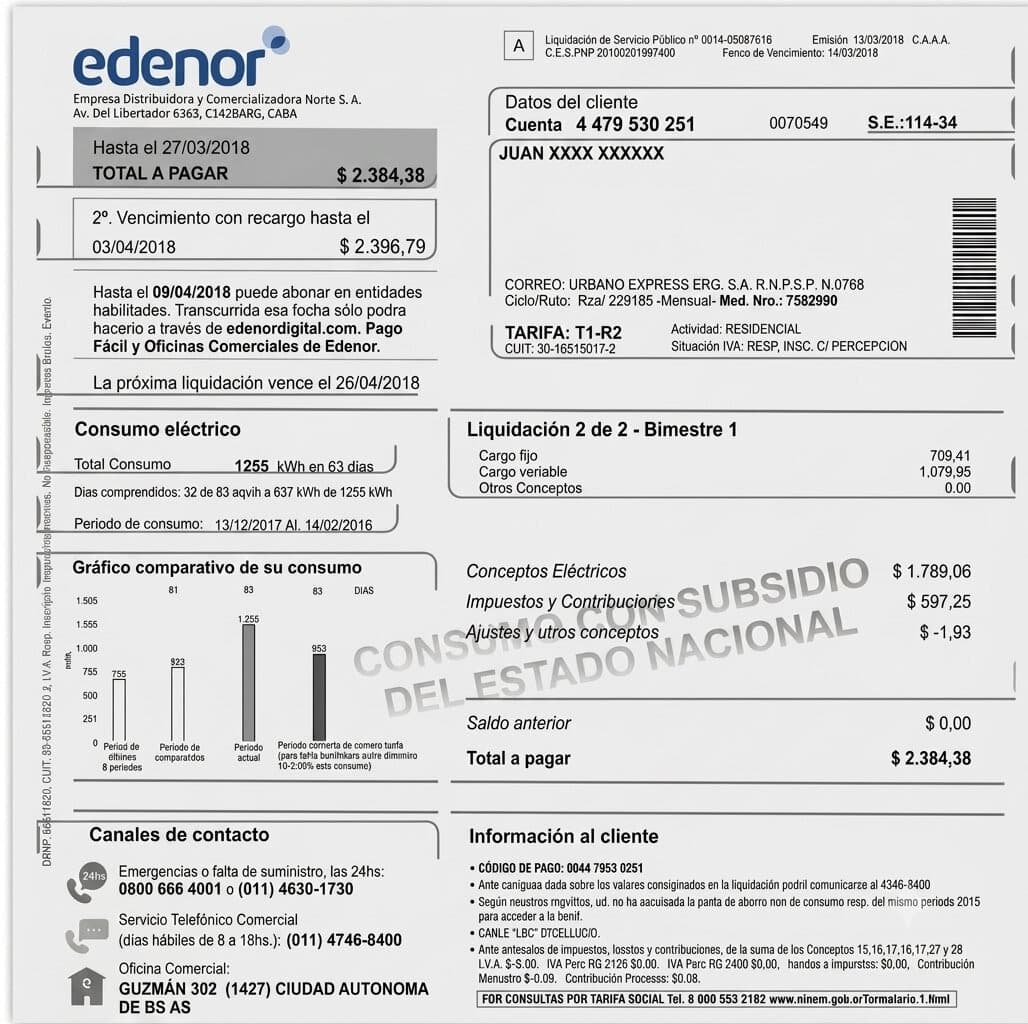 Ejemplo de factura de Edenor con el número de cliente, el vencimiento, el total a pagar y el consumo en kWh señalados