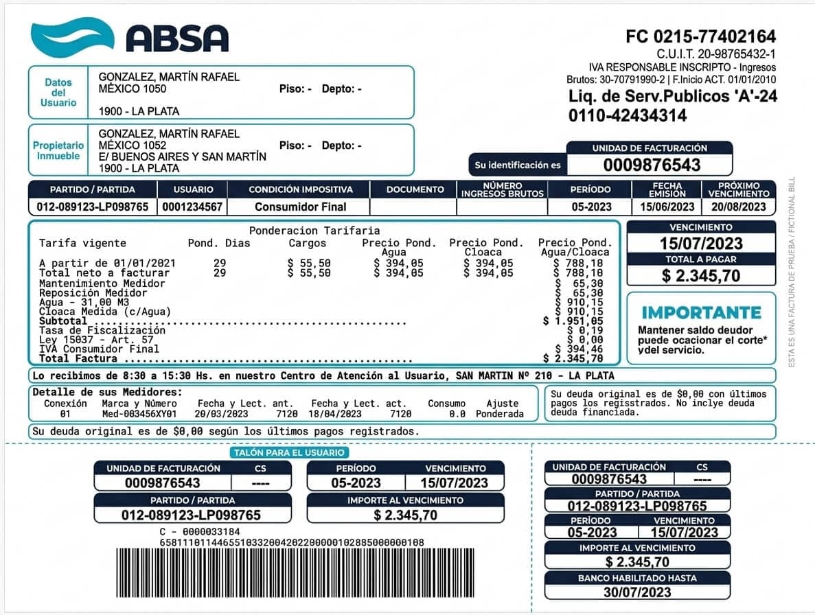 Factura de ABSA de ejemplo, con datos de prueba, donde el recuadro de la unidad de facturación aparece arriba a la derecha y se repite en los talones del pie