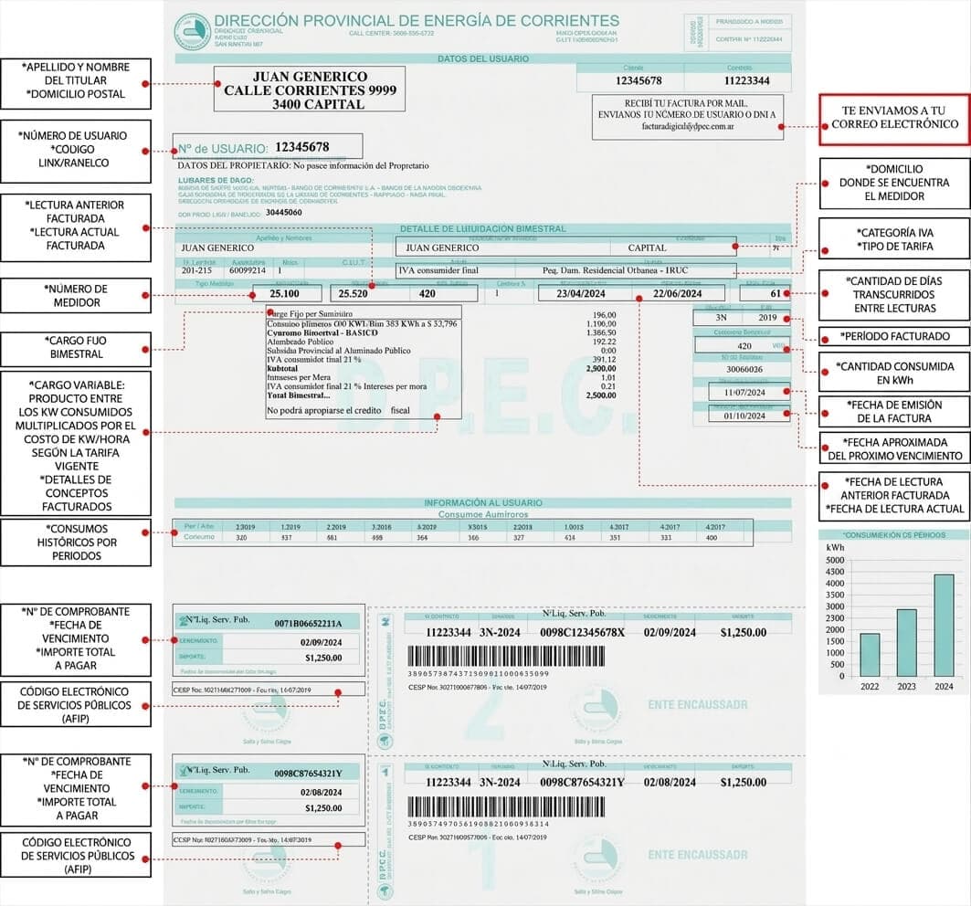 Esquema de la factura de la DPEC con cada bloque señalado: número de usuario, lecturas anterior y actual, número de medidor, cargo fijo, período facturado, consumo en kWh, fechas de emisión y vencimiento e importe total