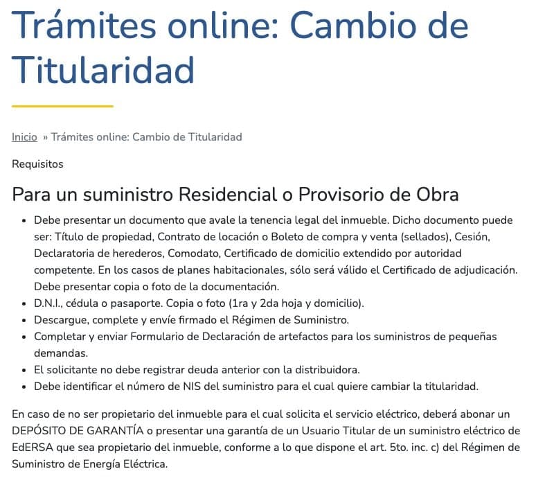 Página de EdERSA con los requisitos del cambio de titularidad para un suministro residencial y el aviso sobre el depósito de garantía para quien no es propietario.