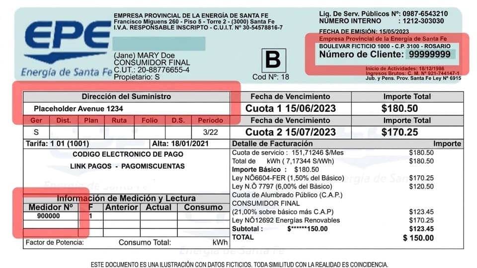 Factura de EPE de ejemplo con número de cliente, vencimientos, tarifa, código electrónico de pago y lectura del medidor
