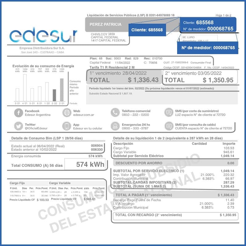 Ejemplo de factura de Edesur con el número de cliente, el vencimiento, el total a pagar y el consumo en kWh señalados