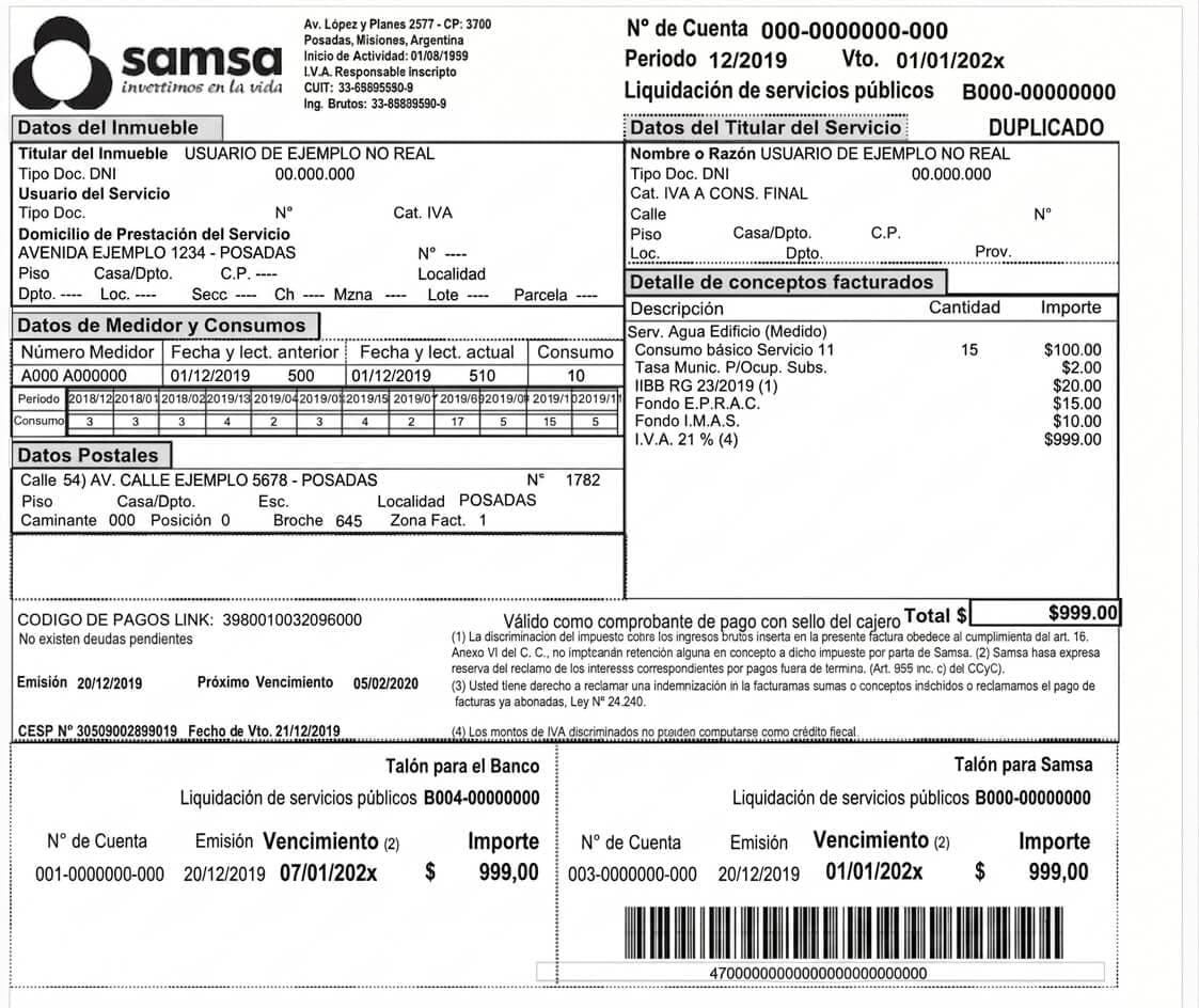 Factura de SAMSA de ejemplo, con el número de cuenta, el total, el código de pagos Link y los dos talones con sus vencimientos