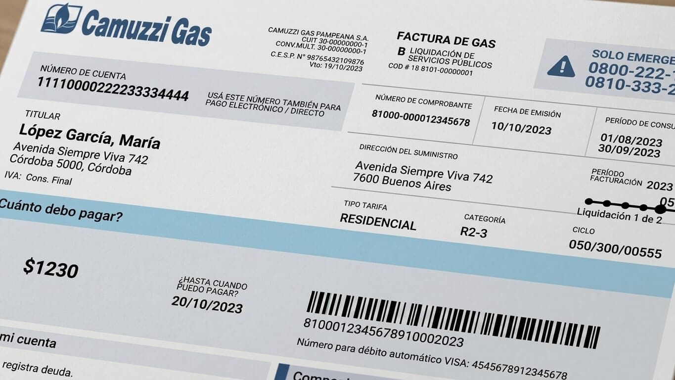Factura de gas de Camuzzi con el número de cuenta a la izquierda, el número de comprobante y el período de consumo en el centro, la categoría R2-3 y el total a pagar con su fecha de vencimiento