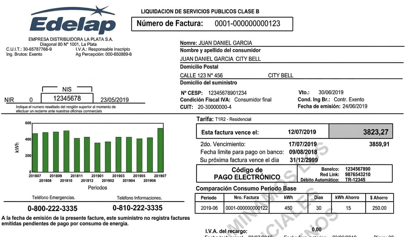 Bloque de vencimientos de una factura de Edelap, con el primer y el segundo vencimiento, la fecha límite para pago en banco y los tres códigos de pago electrónico