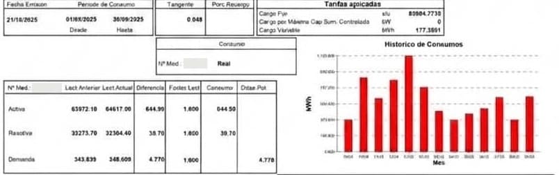 Detalle de lecturas, tarifa aplicada e histórico de consumo del ejemplo T2 de Naturgy San Juan