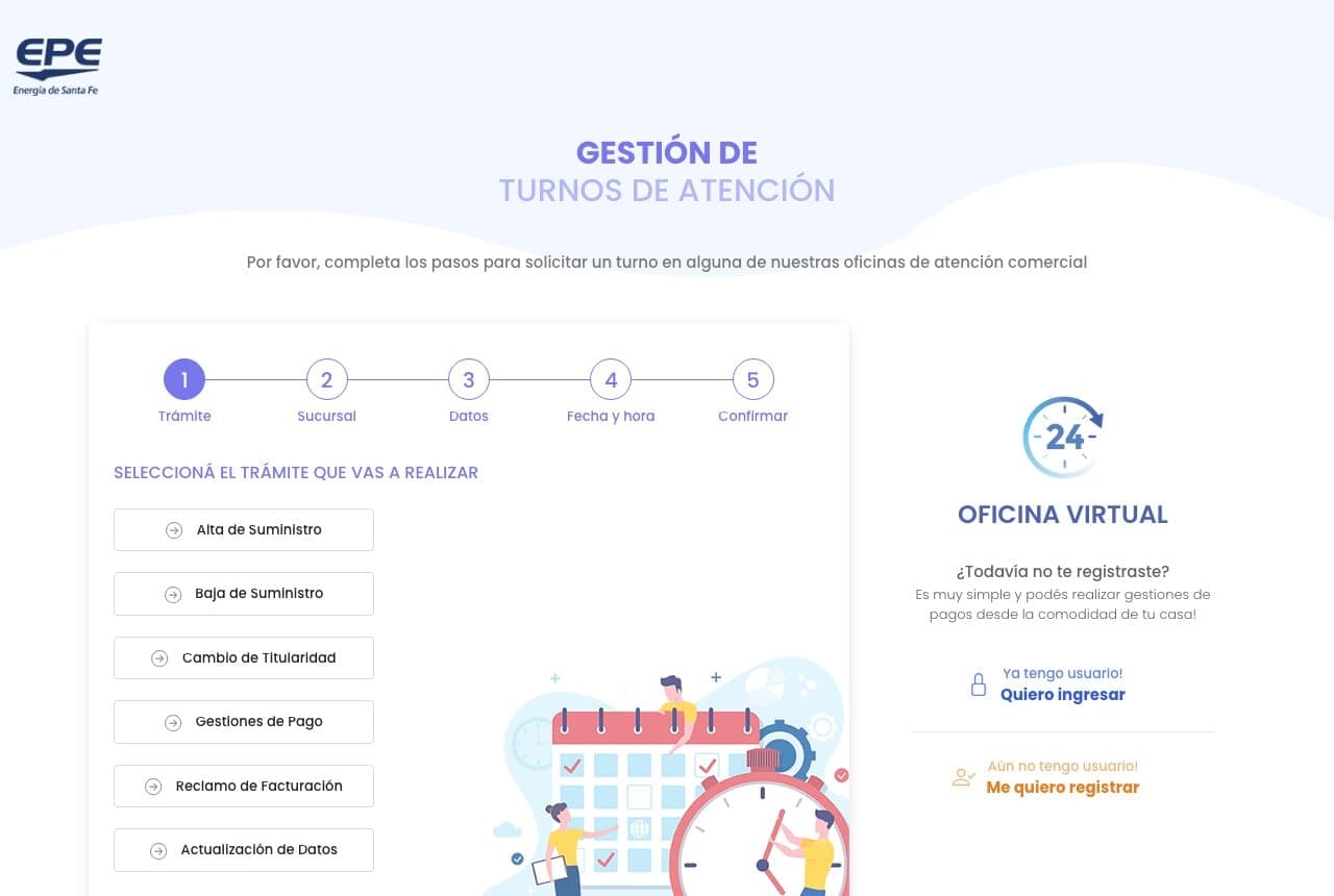 Portal de EPE con la opción Cambio de Titularidad entre los trámites para pedir turno en una oficina comercial.