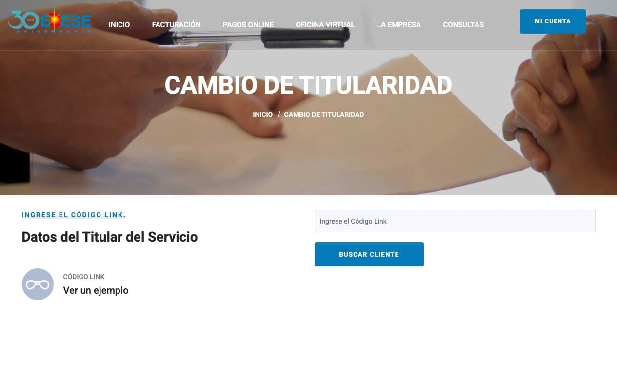 Formulario de cambio de titularidad en el sitio de EDESE, que pide el Código Link de la factura para buscar la cuenta.
