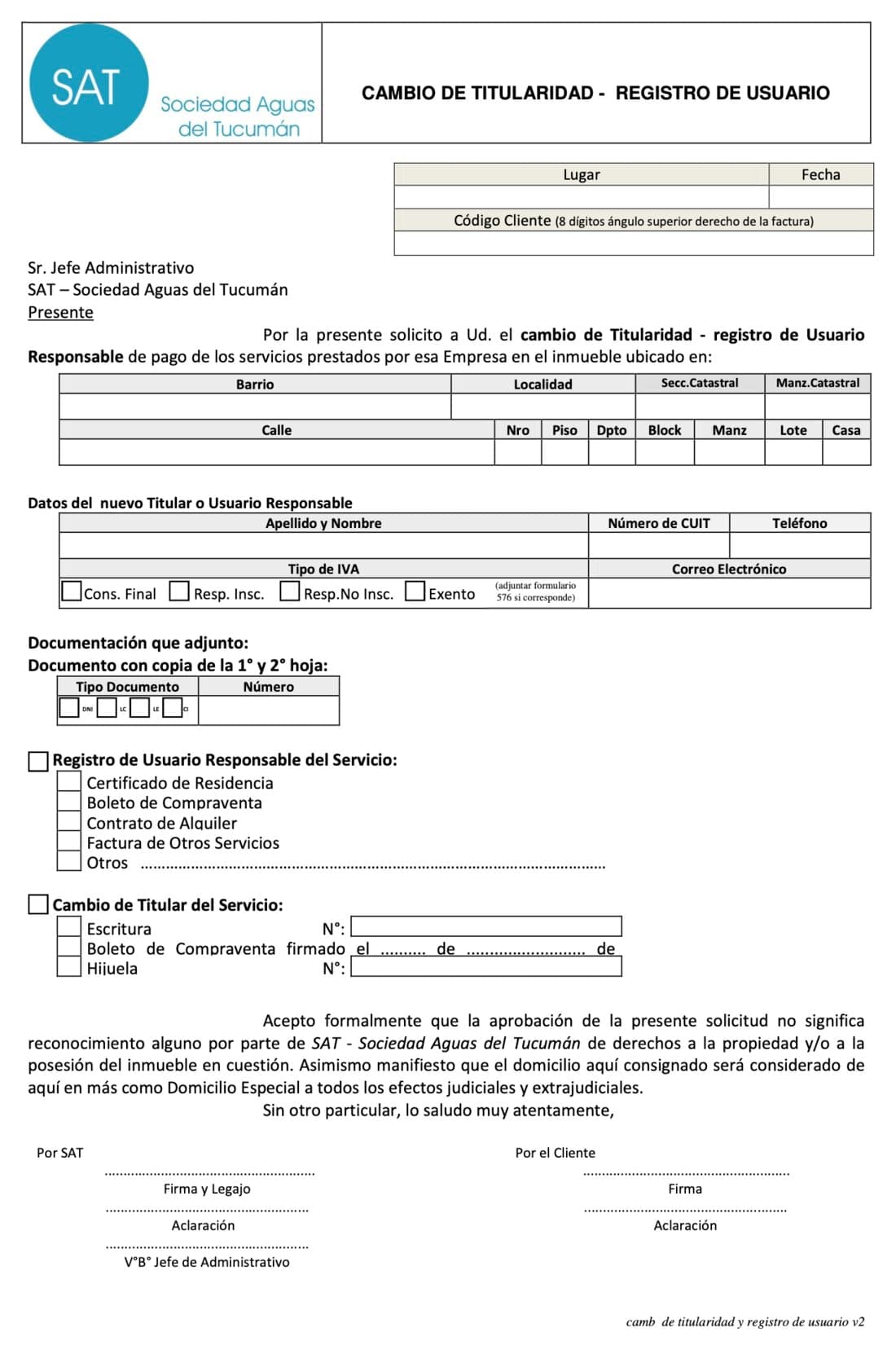 Formulario en blanco de SAT para cambio de titularidad y registro de usuario, sin datos personales completados.