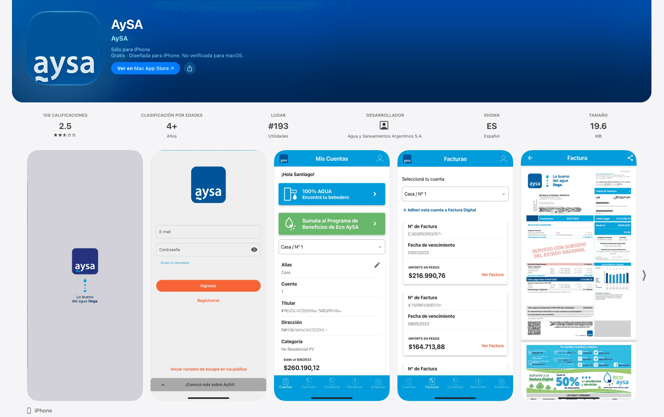 La app de AySA en App Store