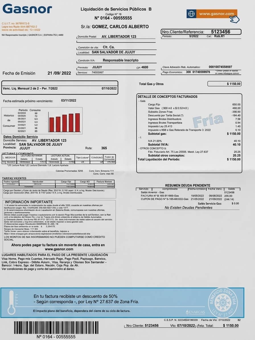 Factura de Naturgy NOA (ex Gasnor) de ejemplo con número de cliente, consumo, cargos y total