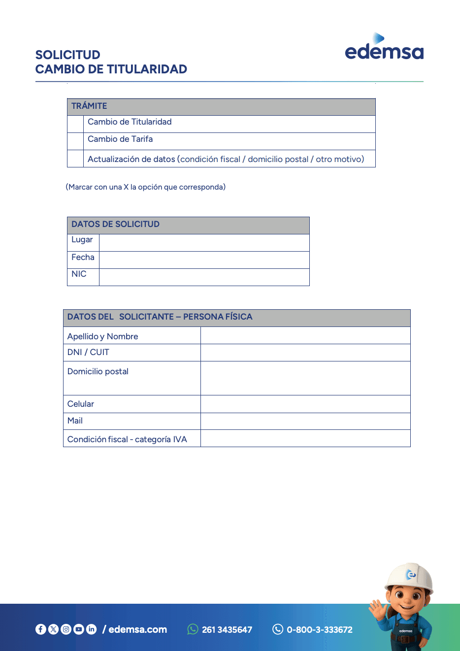 EDEMSA formulario de Cambio de Titularidad pagina 1