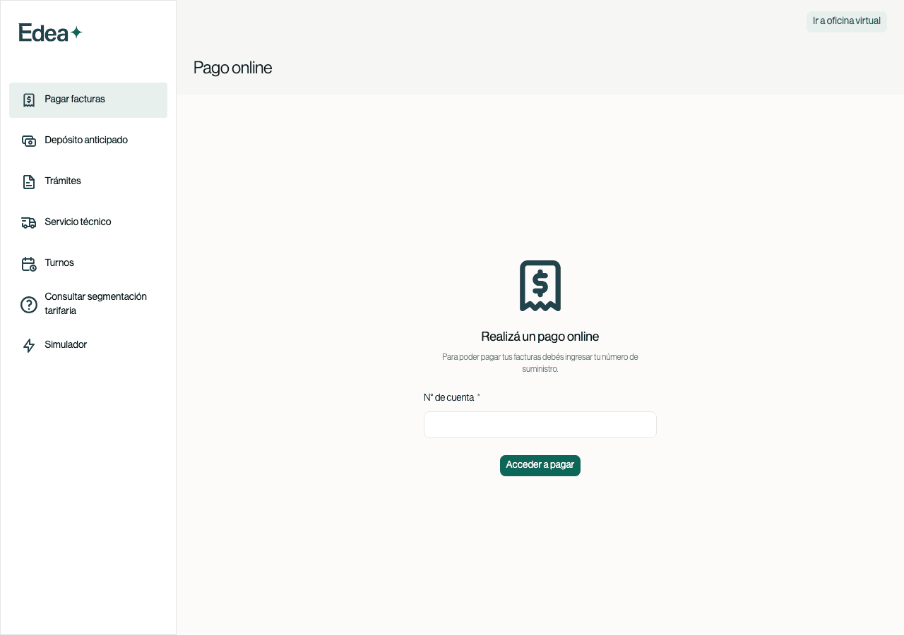 Pantalla de pago online de la Oficina Virtual de EDEA, con el campo N° de cuenta y el botón Acceder a pagar