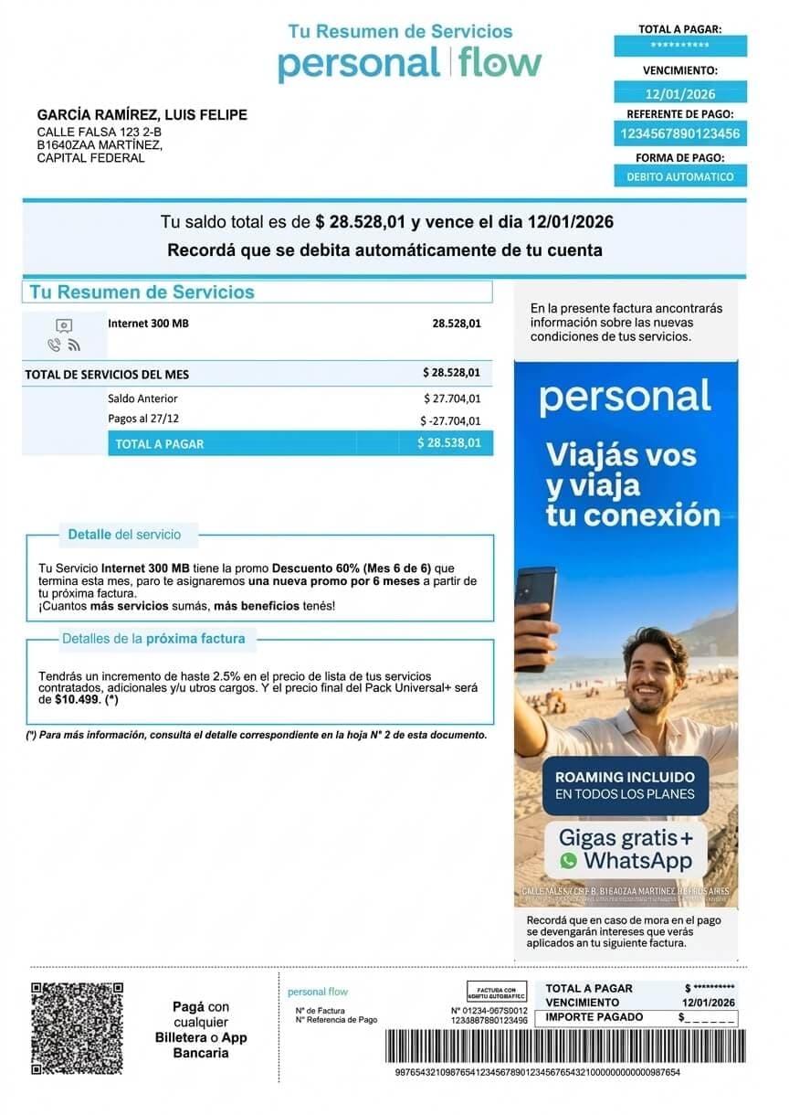 Factura de Personal de ejemplo con el total a pagar, el vencimiento, la referencia de pago y los servicios del mes visibles