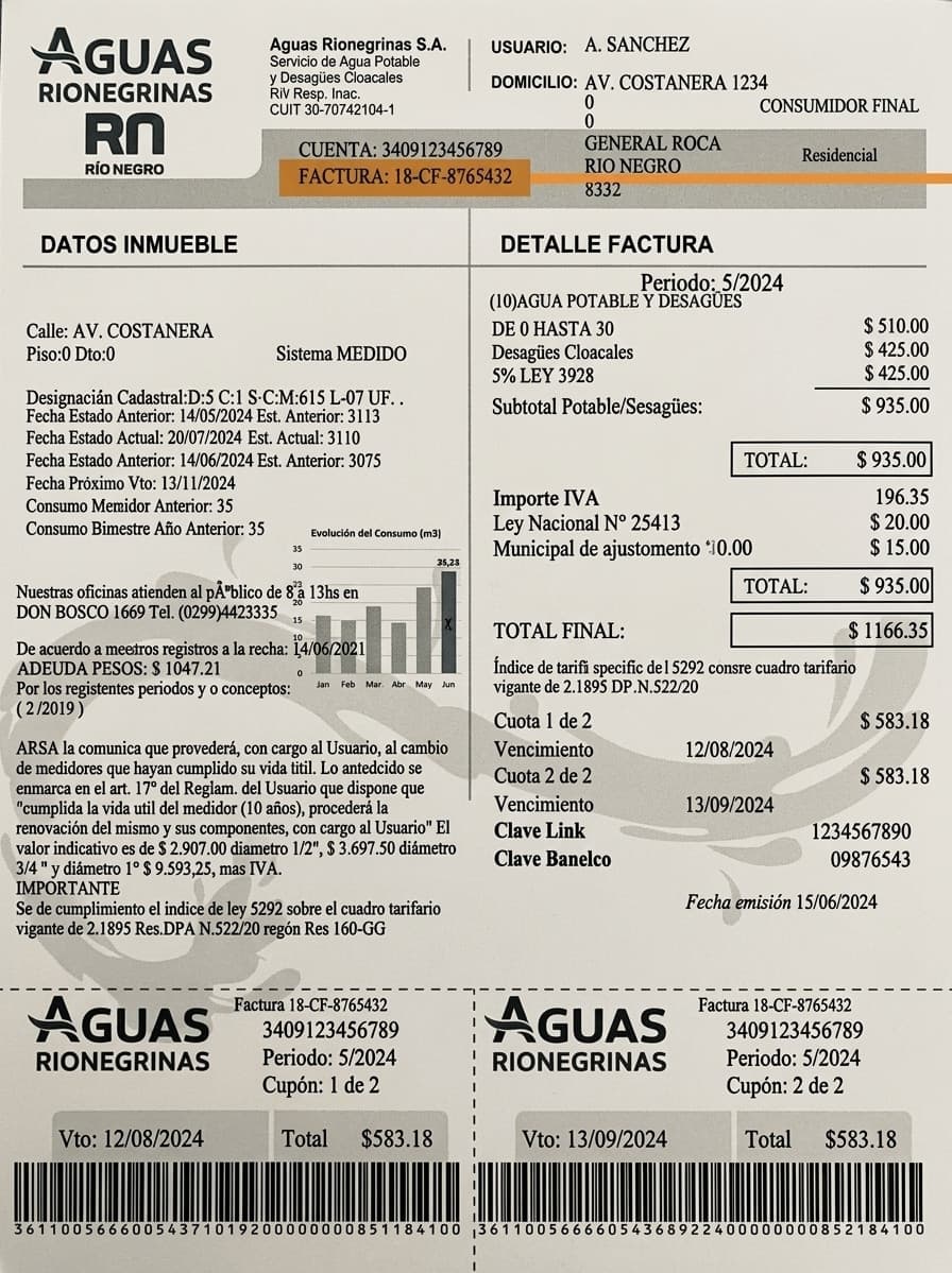 Factura de Aguas Rionegrinas de ejemplo con cuenta, lecturas, consumo, cargos, cuotas y vencimientos