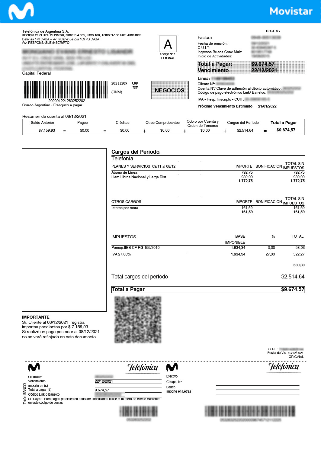 Factura de Movistar de ejemplo con la línea, el cliente, la cuenta, el total a pagar y el vencimiento visibles