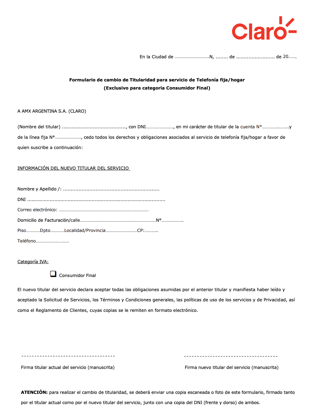 Formulario de cambio de Titularidad Claro