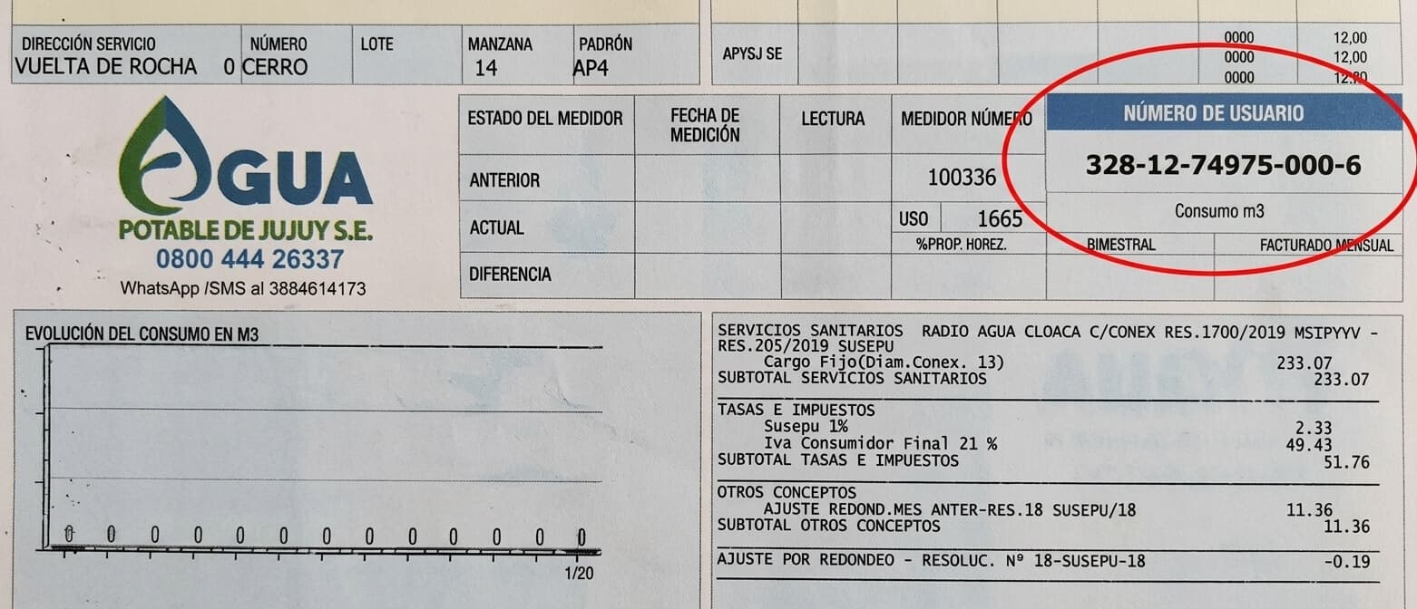 Factura de Agua Potable de Jujuy de ejemplo con número de usuario, lecturas, consumo en m³ y cargos