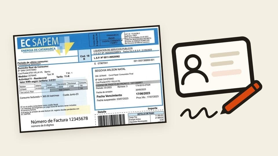 Vista previa de la guía de cambio de titularidad de EC SAPEM, con una factura de EC SAPEM, un DNI y una lapicera.