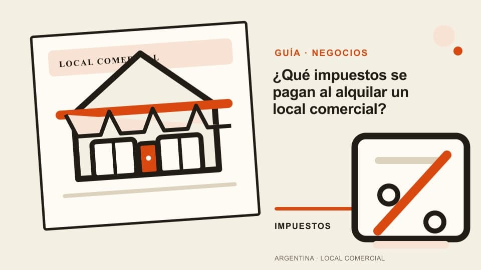 Vista previa de la guía sobre impuestos al alquilar un local comercial, con un local ilustrado y un comprobante de impuestos.