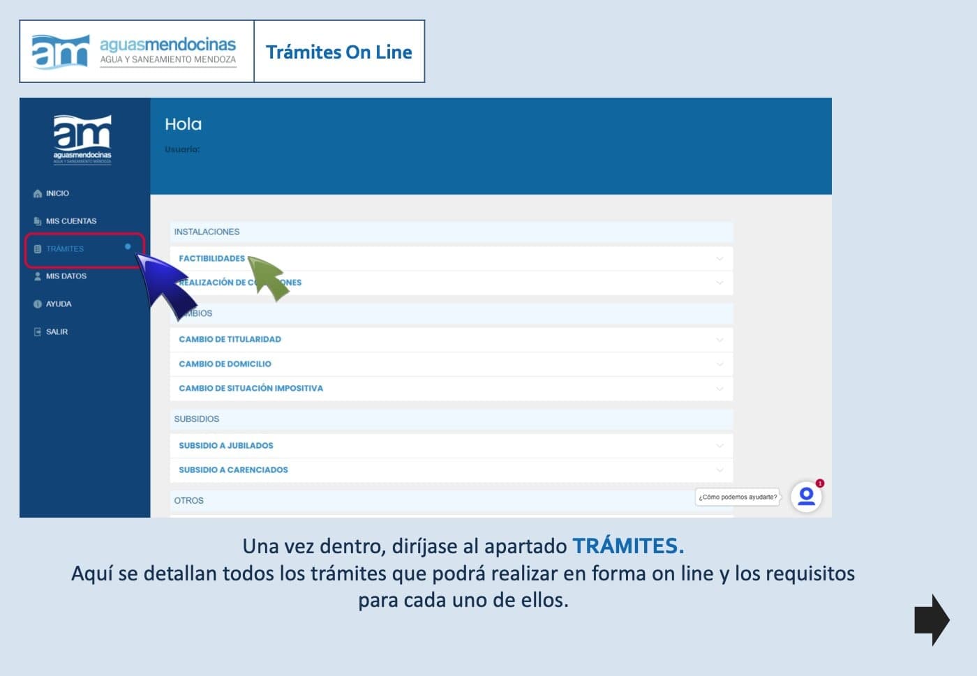 Menú de Trámites Online de AYSAM con la opción Cambio de titularidad.
