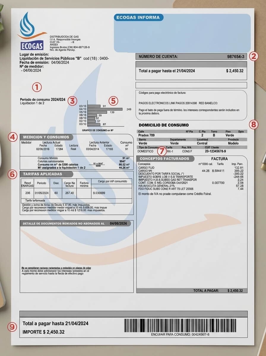 Factura de gas de Ecogas señalando el número de cuenta arriba a la derecha, el total a pagar con su fecha, los códigos para pago electrónico de Link y Red Banelco, y el cupón con el código de barras al pie