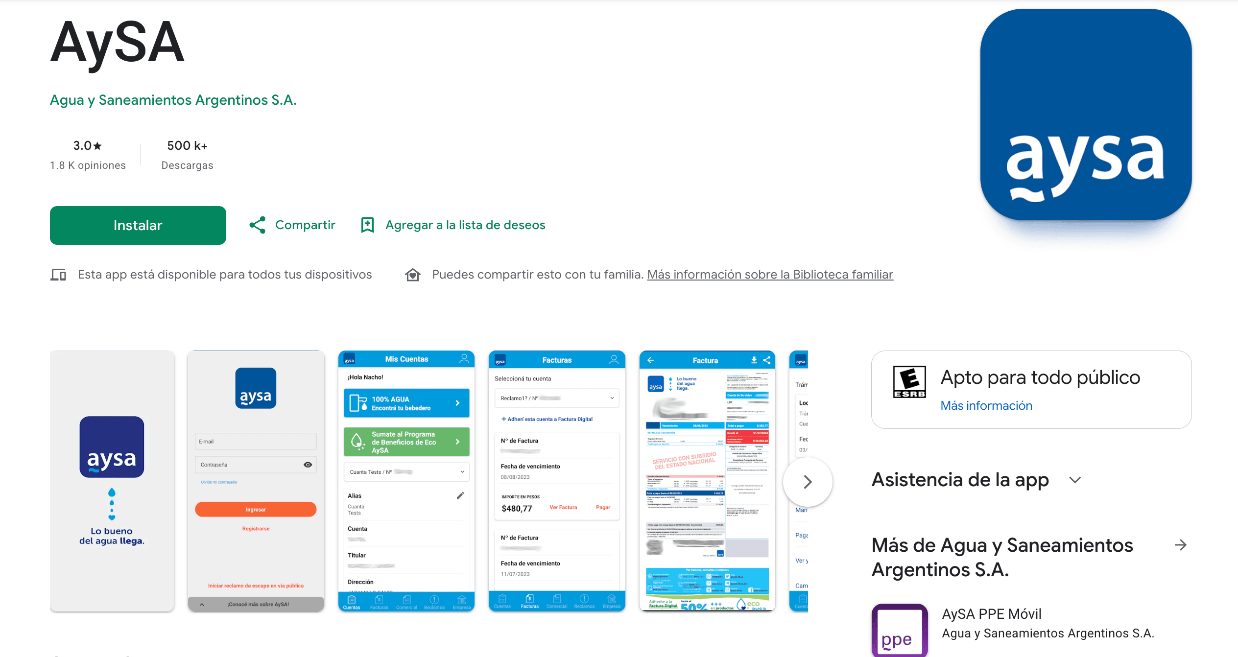 La app de AySA en Google Play